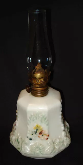 Antique White Milk Glass Hand Painted Flower Miniature Oil Kerosene Lamp Chimney