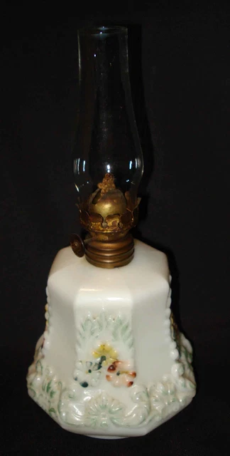 Antique White Milk Glass Hand Painted Flower Miniature Oil Kerosene Lamp Chimney