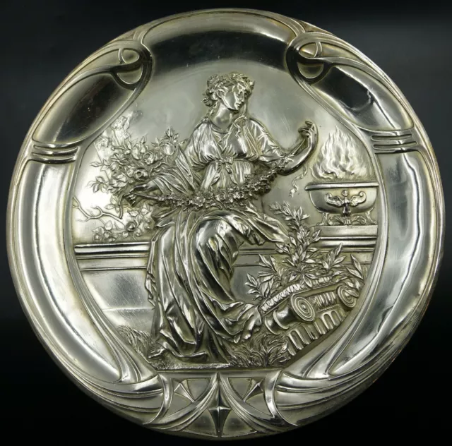 ART NOUVEAU WMF Silver Plated Figural Wall Plaque Maiden with Roses, ca 1890