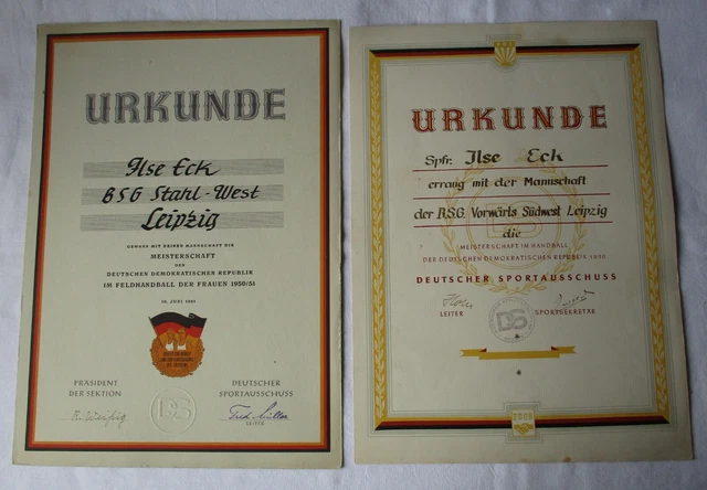 DDR URKUNDE MEISTERSCHAFT im Handball + Feldhandball Leipzig 1950