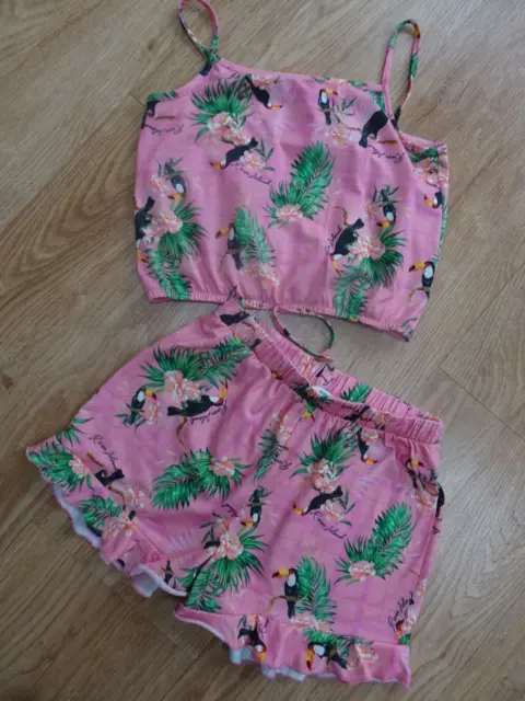 RIVER ISLAND girls pink tropical 2 piece shorts & top set AGE 11 - 12 YEARS exce