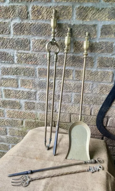 Vintage Brass Large Fire Companion Set Poker Ash Shovel Coal Tongs