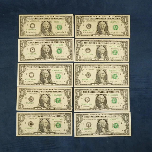 Lot of 10 $1 Federal Reserve Star Notes - Free Shipping USA