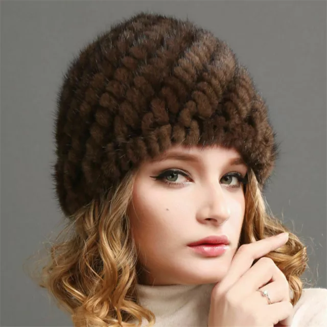 Fashion Russian Lady Real Mink Fur Knitted Cap Women Winter Warm Beanie Hat