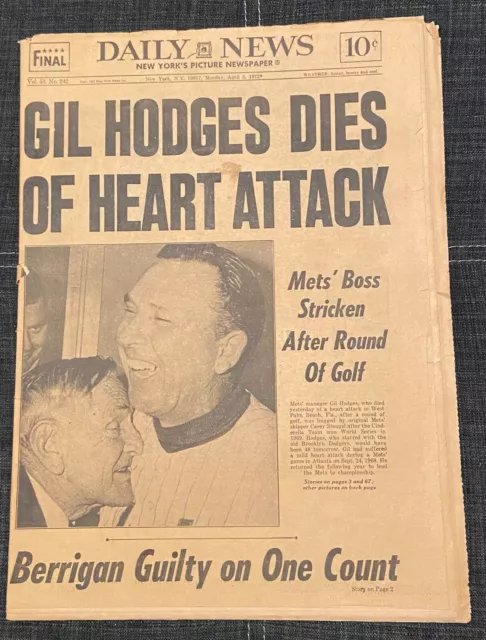 New York Daily News "Gil Hodges Dies of Heart Attack" (April 3, 1972)