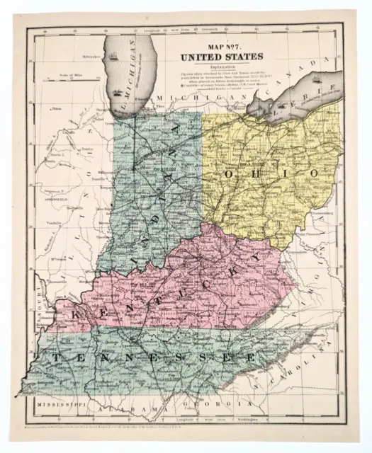 1853 Map Ohio Kentucky Tennessee Indiana Louisville Cleveland Nashville Memphis