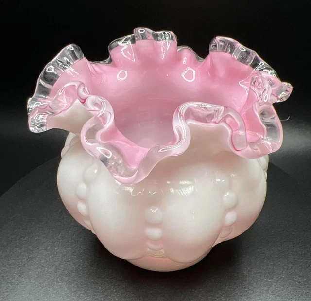 FENTON BEADED MELON  ART GLASS VASE ROSE BOWL SILVER CREST Pre Logo