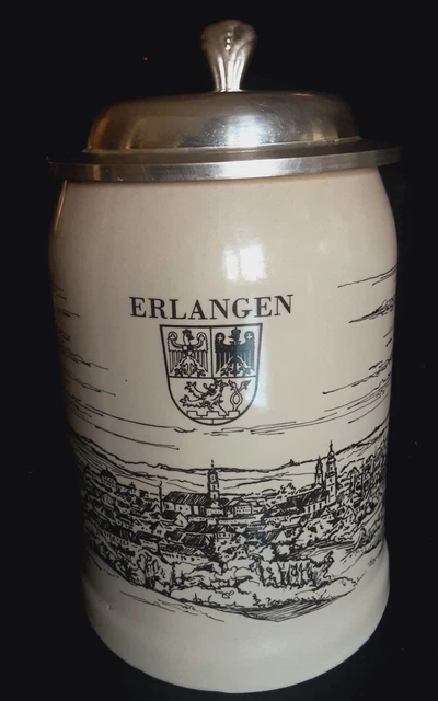 Heavy ERLANGEN German Beer Tankard Stoneware Lidded Stein + Pewter lid 0.5 L 'm'