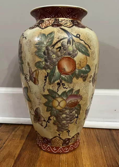 Antique Japanese Satsuma Hand Painted Porcelain Vase with Gold Gilded Fruit 14.5 2