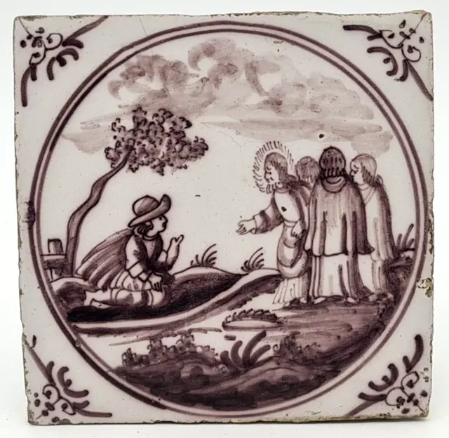 Antique 18th Century Dutch Delft Manganese Tile Biblical Scene AE6