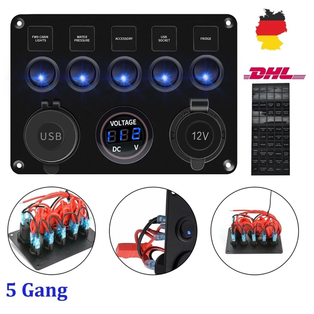 5-Gang LED Schaltpanel Für Auto Oder Boot – Mit Schaltern, Voltmeter & USB-Anschluss Für 12/24V Systeme