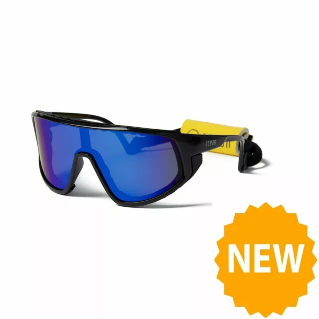 OCEAN KILLY WATER Floating Sunglasses Kiteboarding, Shiny Black & Blue Lens