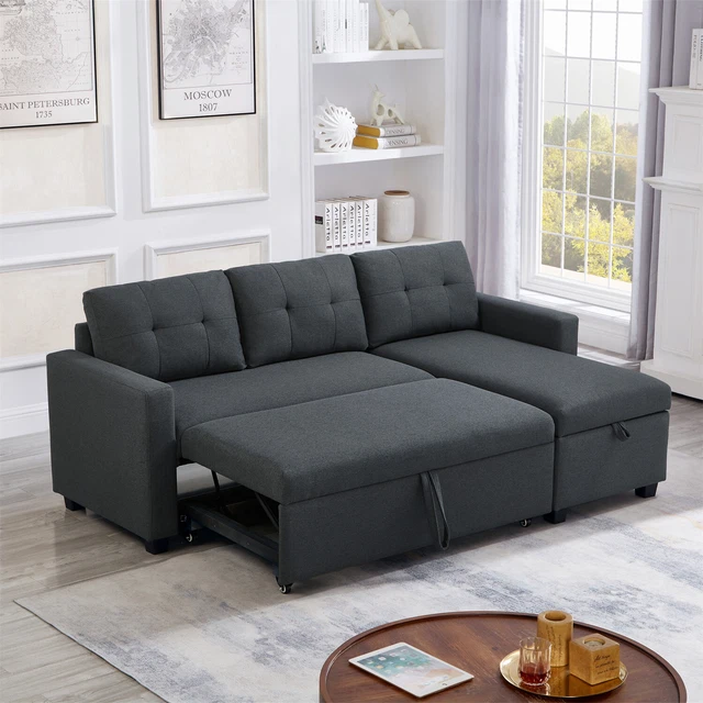 L-SHAPED SECTIONAL SLEEPER Sofa w/ Pull Out Bed Reversible Storage ...