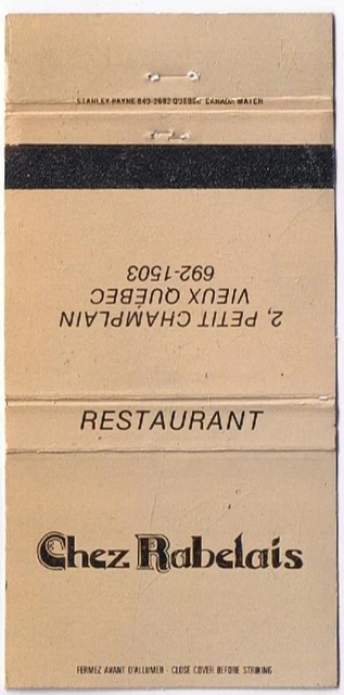 Matchbook Cover Chez Rabelais Restaurant Vieux Quebec