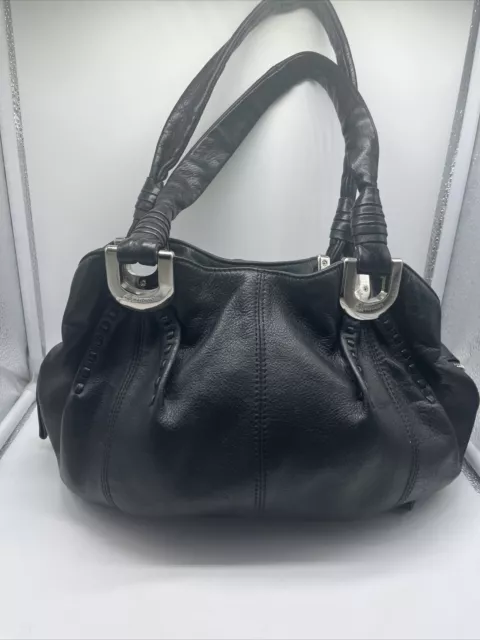 B Makowsky Black Leather Silver Hardware Handbag Hobo Style Vintage