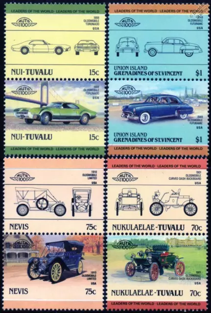 OLDSMOBILE Collection of 8 Car Stamps (Auto 100 / Leaders of the World)