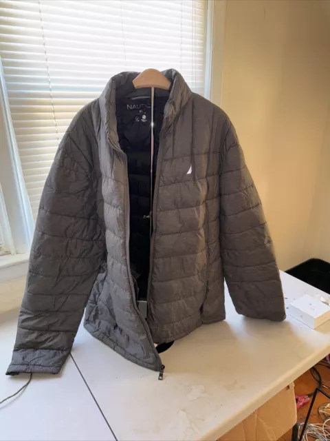 Nautica Mens Down Puffer Jacket XL Grey Full Zip Hooded Lightweight Coat