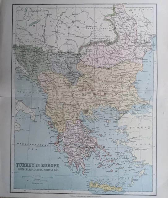 1877 Antique Map - Turkey In Europe Greece Roumania Servia Crete Montenegro