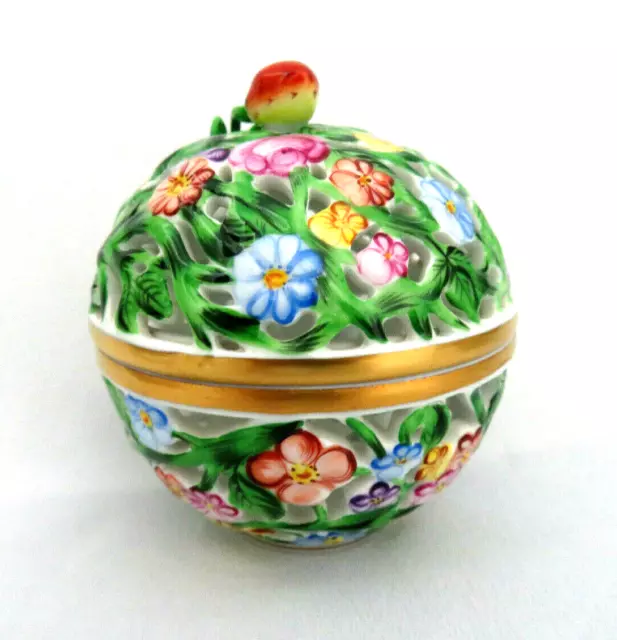 Herend Hungary Large Pierced Open Work Floral w/ Strawberry Trinket Box ~ #6213