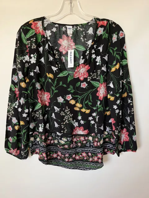 Old Navy Womens Black Floral Split Neck Pullover Blouse Tunic Top Size XS NWT