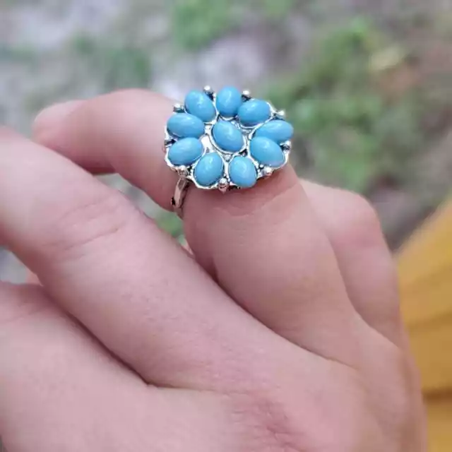 Boho flower statement ring Silver & turquoise blue 5