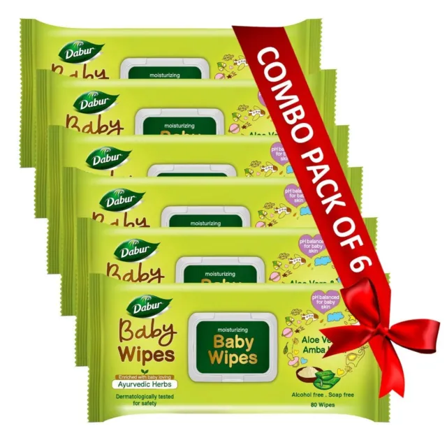 Dabur Baby Wipes: Wet Wipes enriched with Aloe Vera & Amba Haldi 80 Wipes Pack 6
