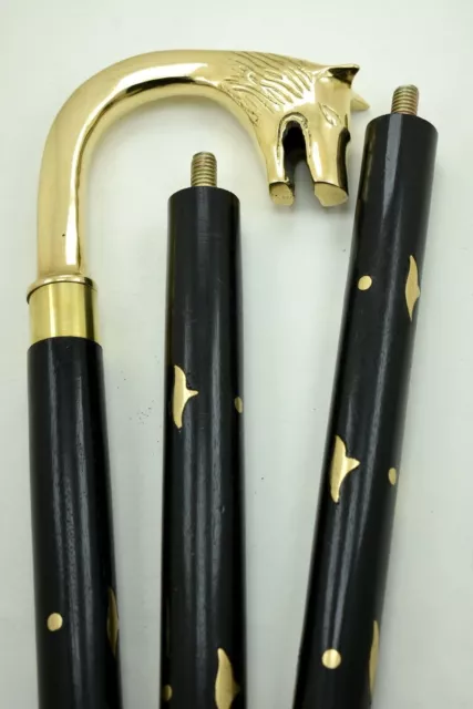 Brass Wolf Head Handle Walking Stick Cane Black Wood Gold Inlay 37" Comes 3piece 3