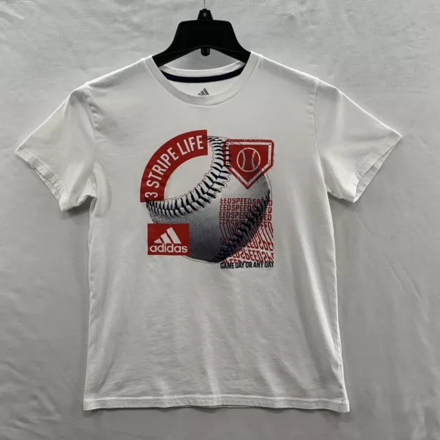 Adidas Climate Youth Boys White Red Baseball Three Stripe T-Shirt ￼Size L 14/16