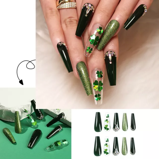 Wearable Nails St. Patrick's Day Manicure Green Glitter Nail Patch Rhinestone