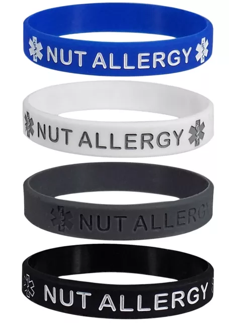 NUT ALLERGY Medical Alert ID Silicone Bracelets Adult Size (4 Pack)