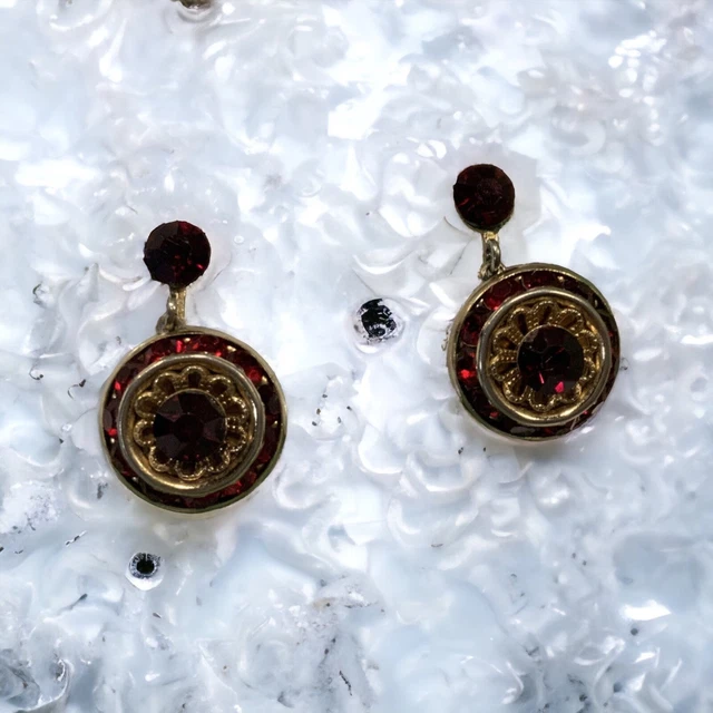 Vintage Earrings Red Glass Gold Tone Screw Back Dangle