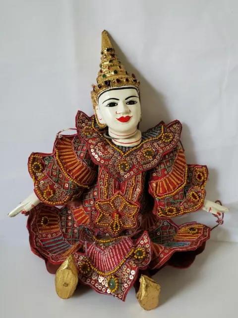 Vtg Burmese Asian Puppet Marionette Carved Wood Handmade Folk Art Red  14.5" DHL