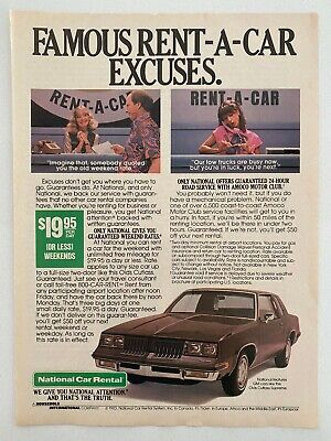 National Car Rental Famous Rent-A-Car Excuses 1983 Vintage Print Ad