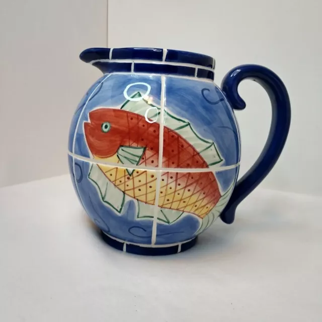 Ceramic Art Pitcher by South San Francisco 1998 Blue with Goldfish