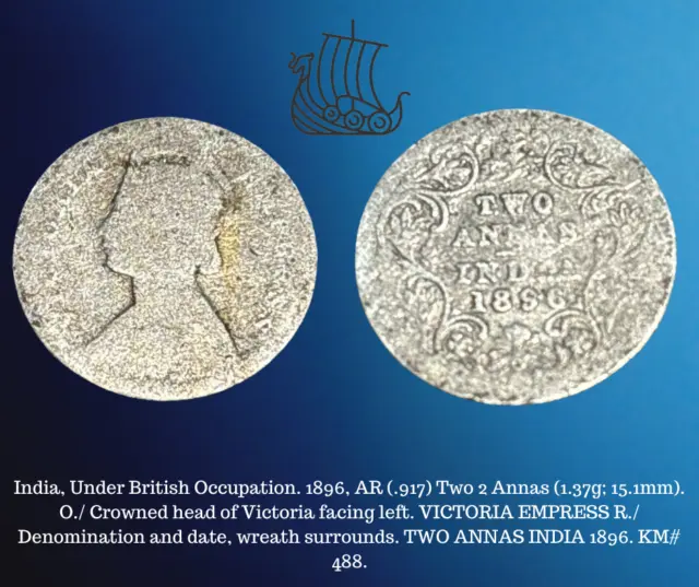 1896 British India Queen Victoria Two 2 Annas Silver (.917) Queen Victoria Coin