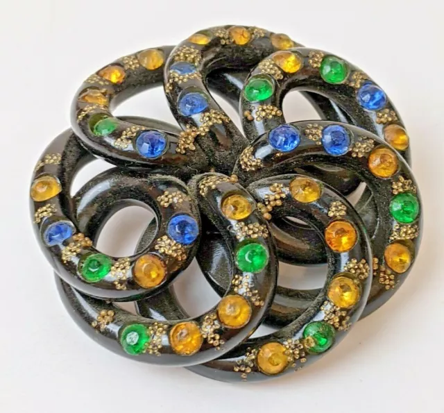 Black BAKELITE Jeweled Rhinestone Swirl Knot Brooch SCARCE Art Deco Lg 2.5"