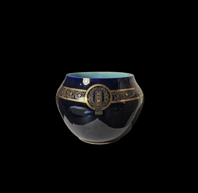 Sarreguemines 1920-1940 grand vase bleu cobalt et or cache pot céramique faïence