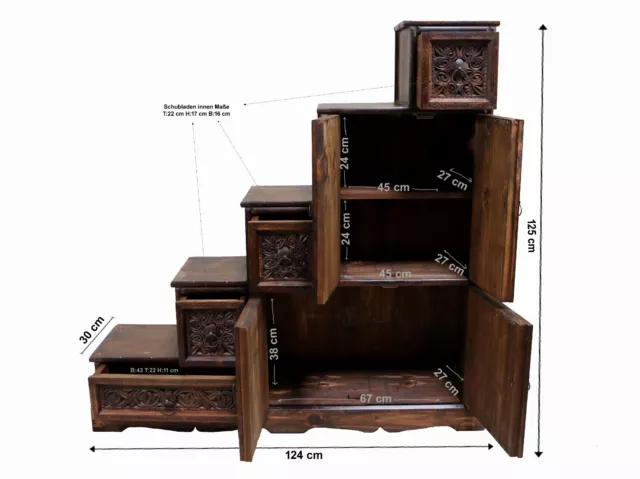 Massivholz orient Schrank kommode Flurschrank Treppenschrank Stufenkommde Left 2