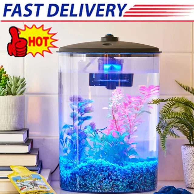 Fish Tank Hood 3-Gallon Plastic Aquarium with LED Light and Power Filter Home US