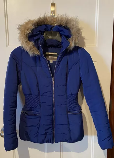 Guess Puffer Quilted Coat with Removable Faux Fur Hood