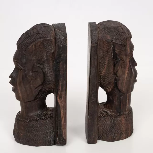 Vintage African Head Book Ends Male & Female Hand Carved Wood Heavy Pair Tribal