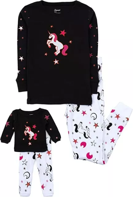 Leveret Girls' Unicorn Matching Doll & Pajamas Set, Black/White, 4years