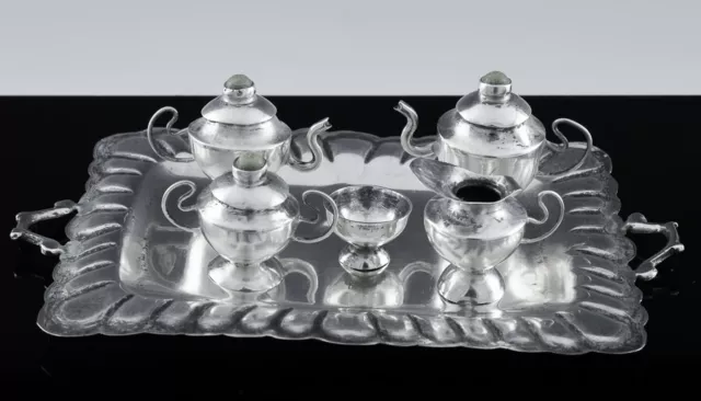 CUTE VERY SMALL MINIATURE STERLING SILVER 5pc TEA & COFFEE SET ON TRAY w STONES