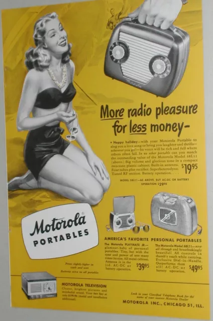 1948 MOTOROLA advertisement for Motorola Portable Radios, TV, girl in bikini