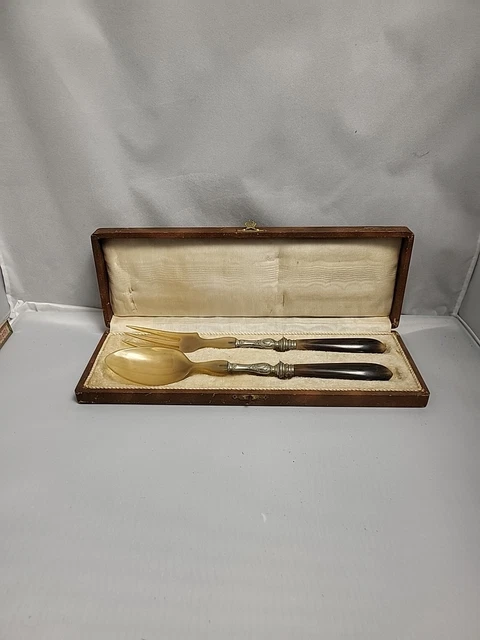 Service à Salade Art Déco Ancien - Couverts En Argent Et Corne - Écrin Inclus