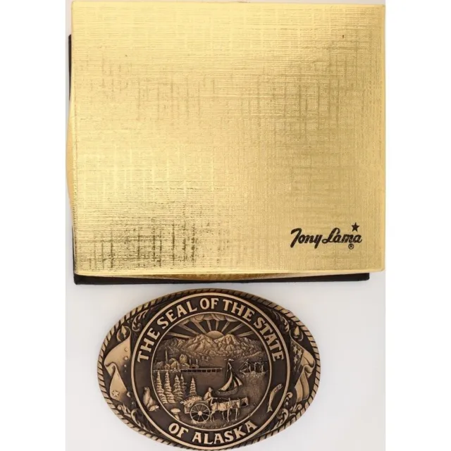 New Brass Alaska Tony Lama Alaskan State Seal Western Nos Vintage Belt Buckle