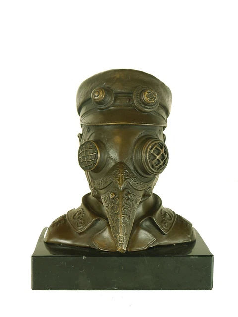 Bronze Figur Skulptur der Pestarzt mit Maske Steampunk auf Marmorsockel  (11011)