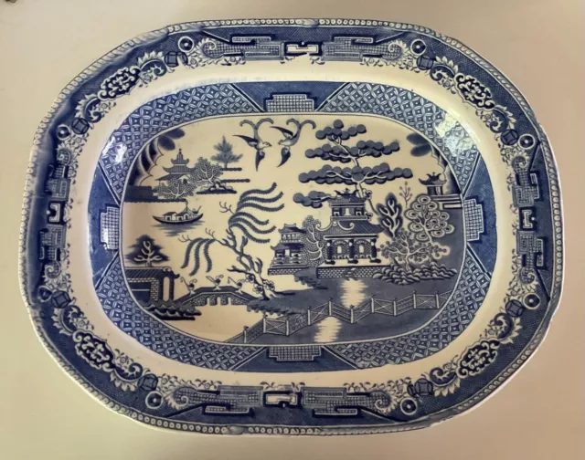 Antique BLUE WILLOW Oblong Deep Well Platter Warranted Staffordshire England 18"