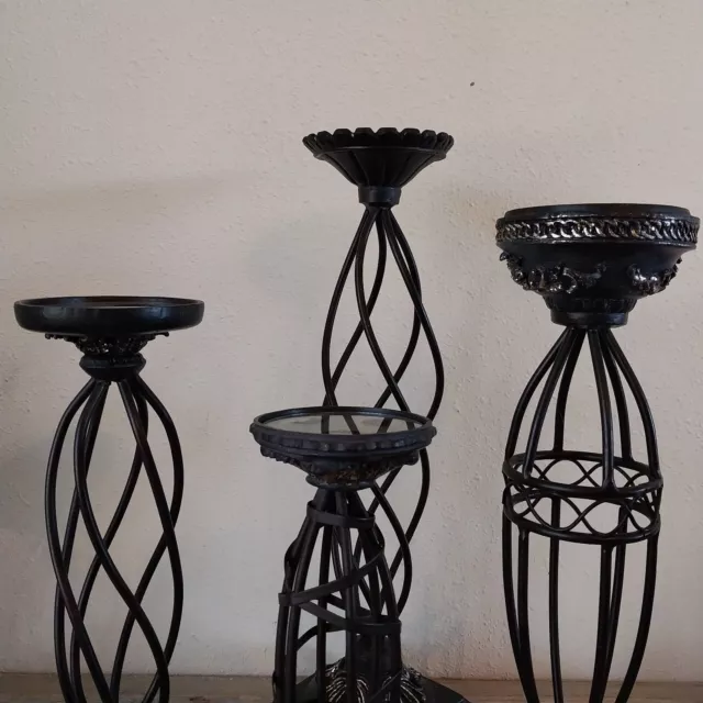 Set 4 Elements Candle Stand Holders Resin Coated Metal Unique Designs Black Silv 3