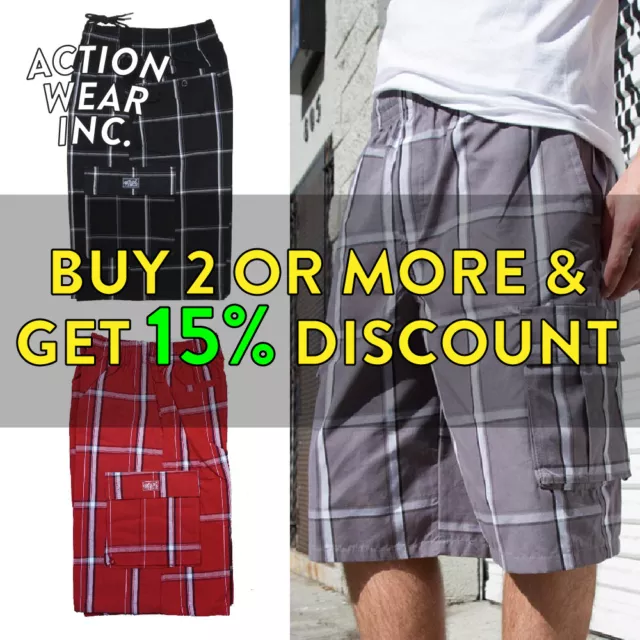 Shaka Mens Casual Cargo Shorts 5 Pocket Active Drawstrings Plaid Shorts Hip Hop